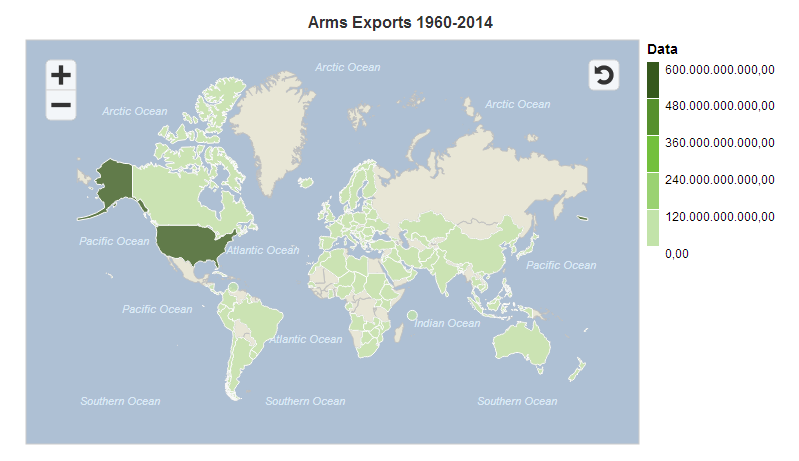 Global map with a visualisation of the volume of arms exports from 1960 to 2014