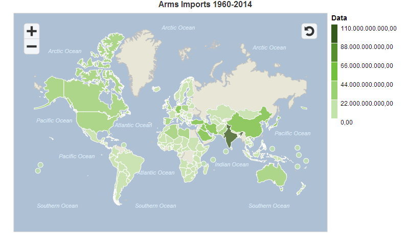 Map of total volume in US dollars of arms imports per country